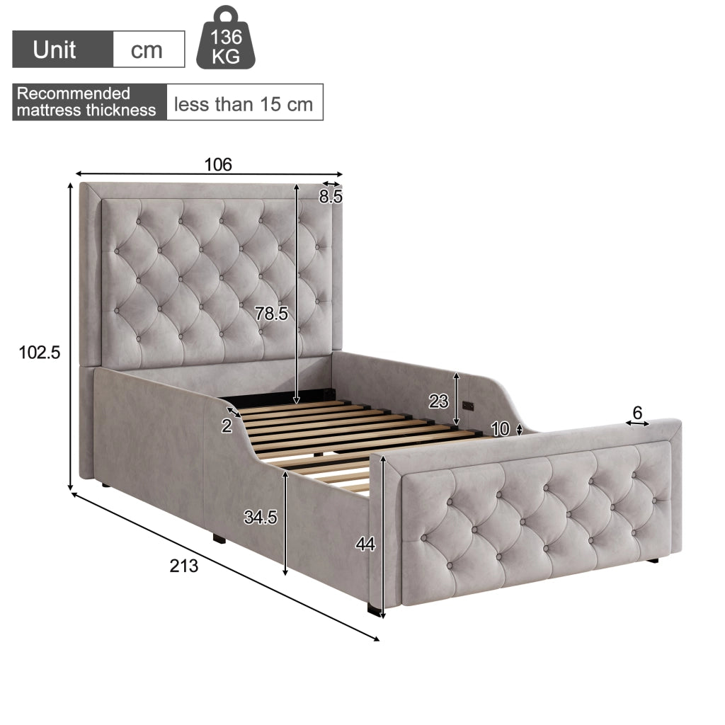 Letto per bambini 90 × 200 cm con contenitore idraulico, testiera imbottita, senza materasso, velluto grigio