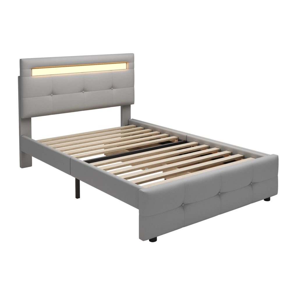 Letto singolo 90x200 cm imbottito con LED e 2 cassetti; grigio