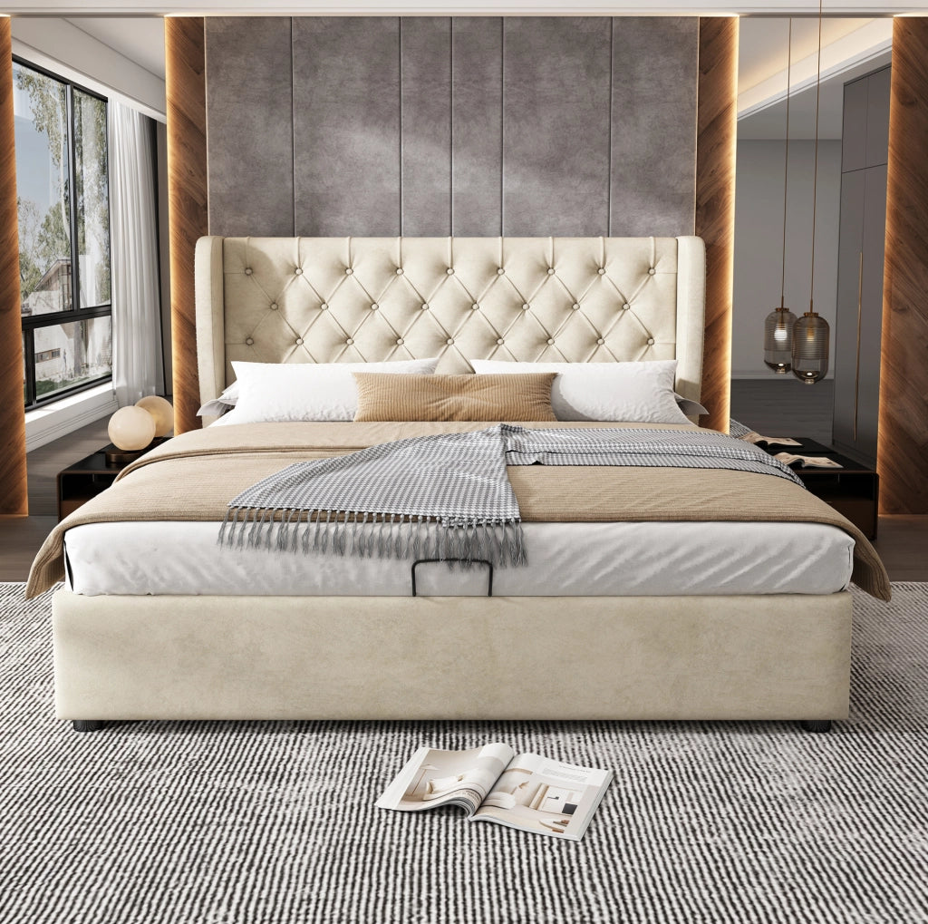 Letto matrimoniale imbottito con contenitore 140x190 cm in velluto beige