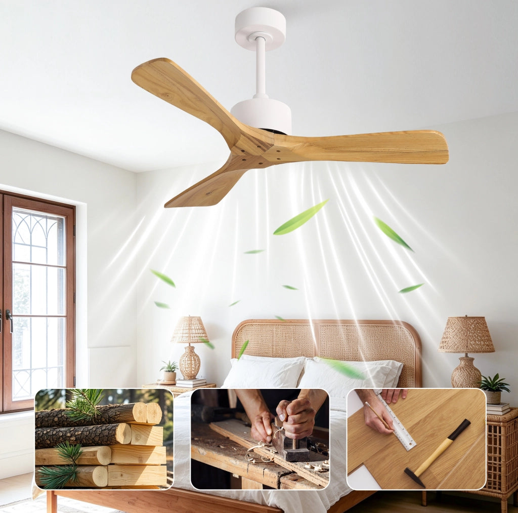 Ventilatore da soffitto 42 pollici senza luce con 3 pale in legno massello; naturale e bianco