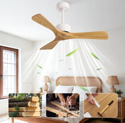 Ventilatore da soffitto 42 pollici senza luce con 3 pale in legno massello; naturale e bianco