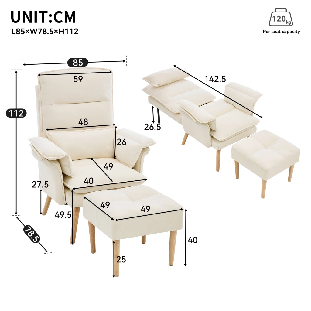 POLTRONA Relax con poggiapiedi 85x78,5x112 cm in lino beige