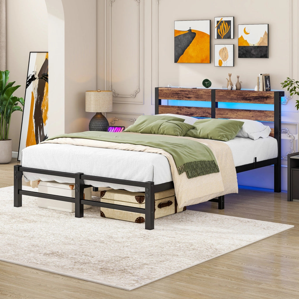 Letto matrimoniale 120x200 cm in metallo e legno con LED RGB, USB e spazio contenitivo