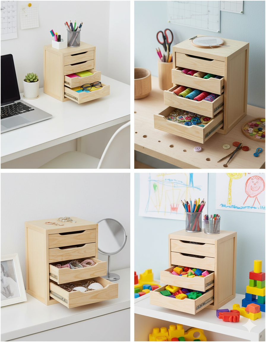 Cassettiera da Tavolo 5 cassetti 39x30x46 cm in Legno di Pino Naturale