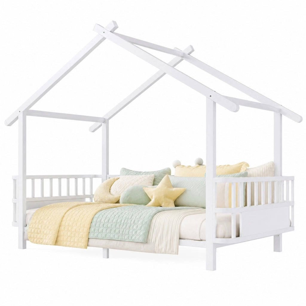 Letto per bambini in metallo a forma di casa, 90 x 200 cm, con sponde di sicurezza, design con tetto, bianco