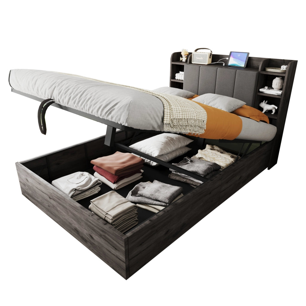Letto singolo multifunzione 140x200 cm con contenitore idraulico; USB e USB-C; grigio