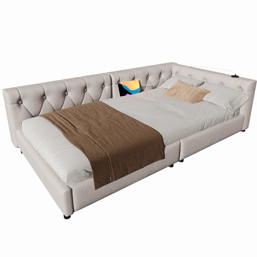 Letto daybed 90x200 cm con luci LED e USB Type-C in lino beige