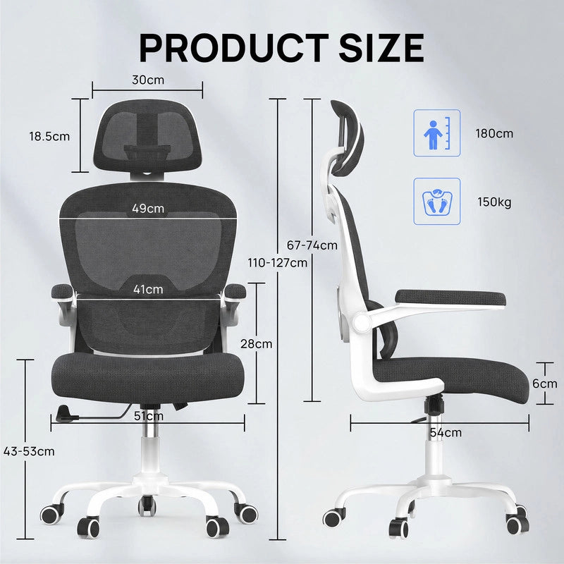 Sedia da ufficio ergonomica - Poltroncina HAMLODY - con braccioli pieghevoli a 90° - Supporto lombare - Regolabile in altezza Bianco