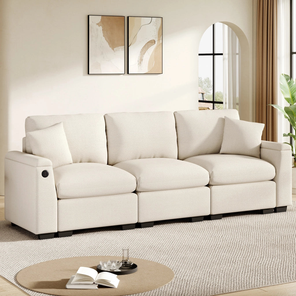 Divano modulare a 3 posti in ciniglia beige con porta USB, porta bicchieri, tasche laterali e spazio contenitore