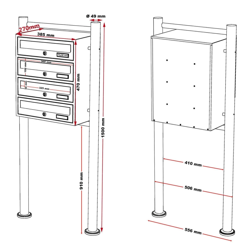 Blocco di 4 cassette postali 4 scomparti porta posta in acciaio zincato 47 x 38,5 x 27 cm antracite 16_0000032