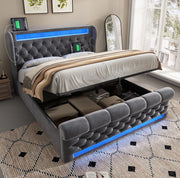 Letto imbottito in velluto con LED, porta USB e contenitore idraulico