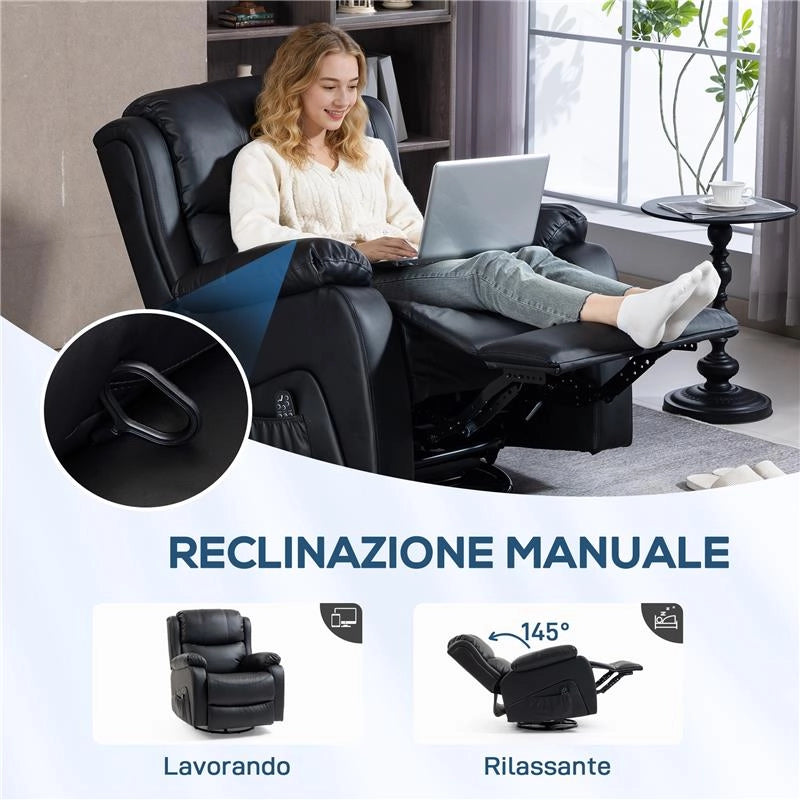 POLTRONA RELAX RECLINABILE CON 8 PUNTI MASSAGGIANTI, RISCALDANTI E POGGIAPIEDI, 87X97X100 CM, NERO