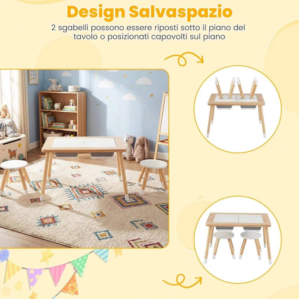 Set Tavolo con 2 Sedie per Bambini 3+ Anni, Tavolo e Sedie con Piano Doppio Lato Rimuovibile e 2 Contenitori, Gambe Robuste in Legno, Tavolo Attività per Gioco e Disegno (con Sedie Rotonde)