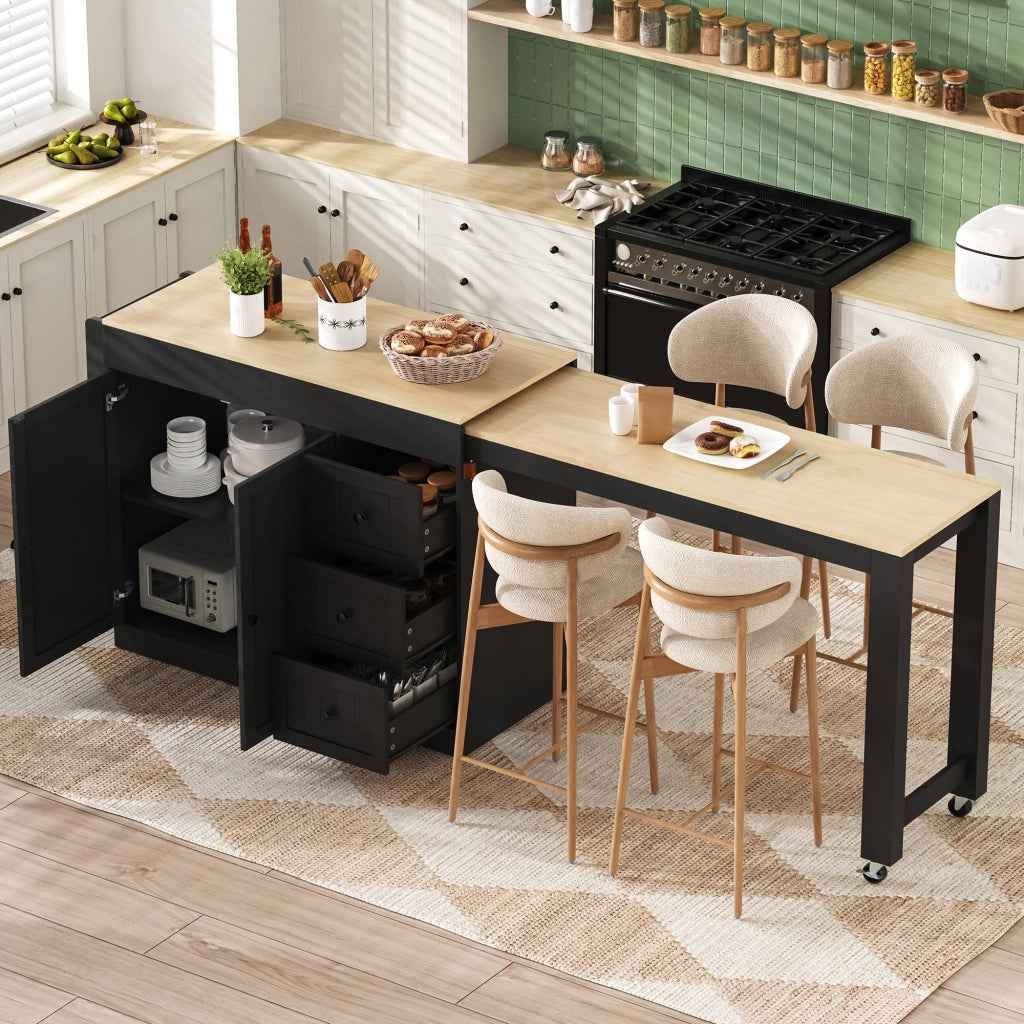 Carrello da Cucina con 3 Cassetti; Portaspezie; Piano Estensibile e Ruote; in MDF; 112-186.8 x 45 x 93 cm; Nero