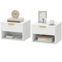 Set di 2 Comodini Sospesi con Pannelli Scanalati, Cassetto e Ripiano, 40x34x29 cm, Bianco