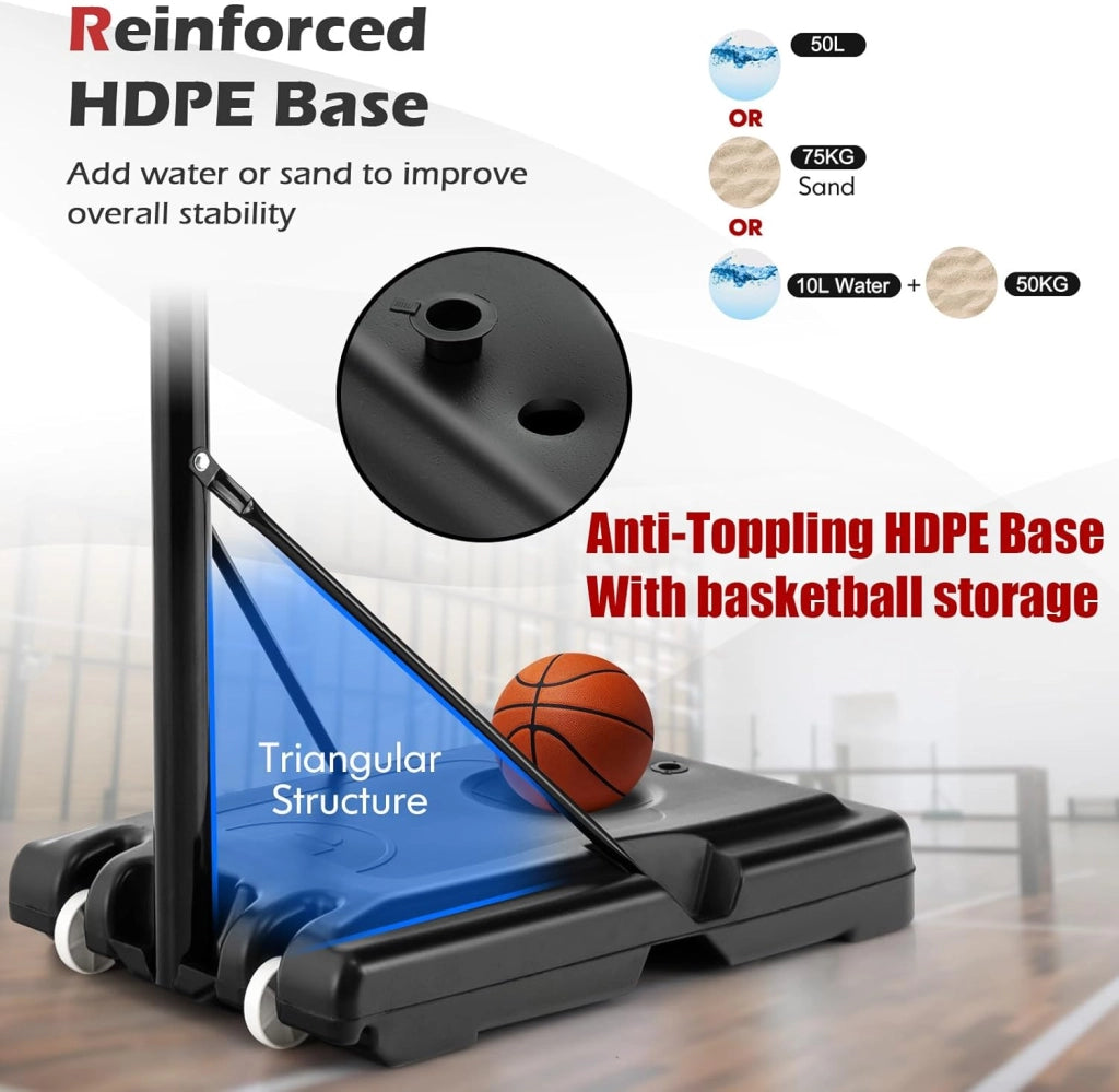 Canestro Basket per Esterno, 12 Livelli di Altezza Regolabile 130-305 cm, Supporto da Basket Portatile con Ruote, Base in PE e PVC, Pallacanestro per Interni con 2 Reti, per Bambini e Adulti