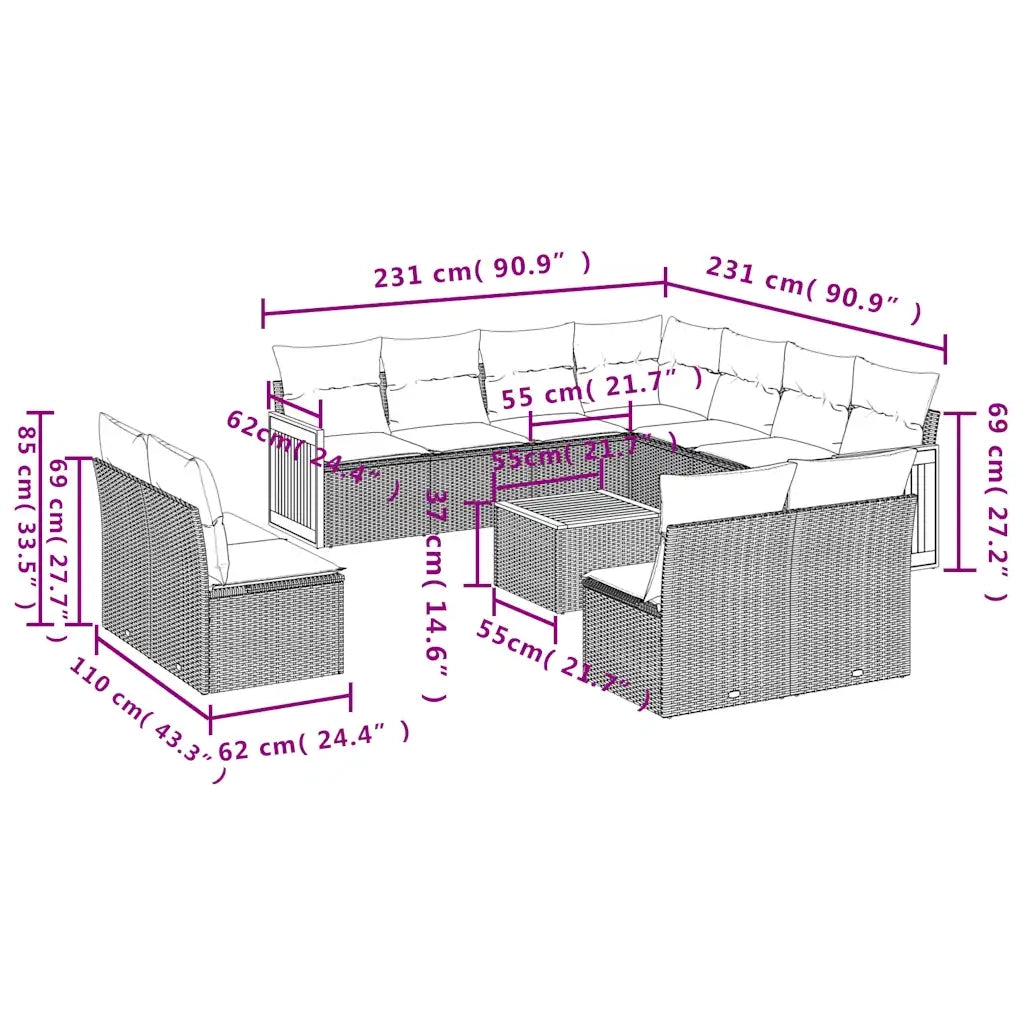 Set Divani da Giardino 12 pz con Cuscini Grigio in Polyrattan 3227776