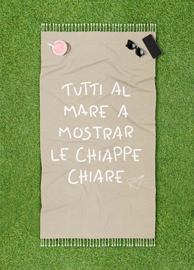 Telo Mare Con Frange Asciugamano Da Spiaggia Misura Grande 90x180 Cm Con Pochette Astuccio Assorbente In Morbido Cotone Leggero Stampa Tutti Al Mare AntiSabbia Lettino Vacanze Piscina Beige