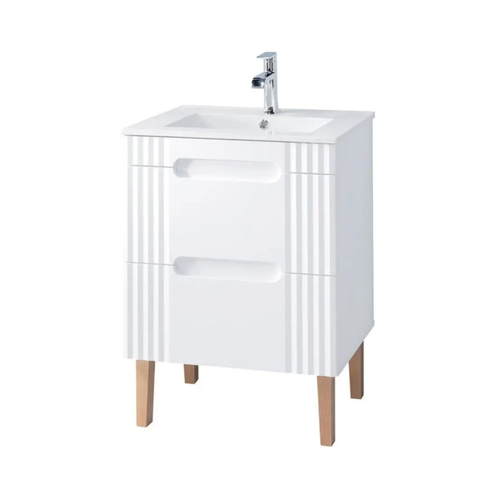Set bagno FIDJI: mobiletto sotto lavabo 60cm + lavabo da incasso bianco + sifone + piedi