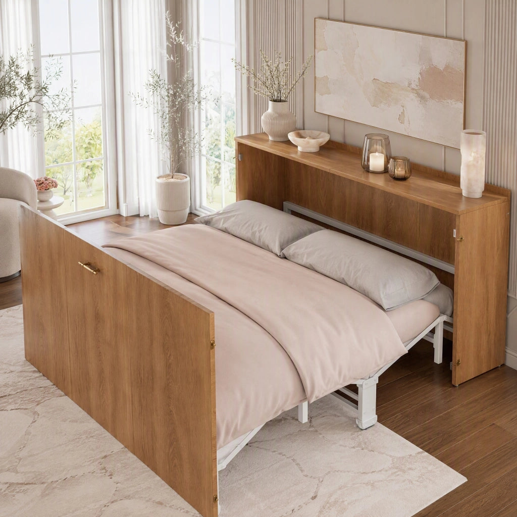 Letto a Scomparsa 140 x 200 cm; Letto Matrimoniale con Ruote Silenziose in Legno e Metallo