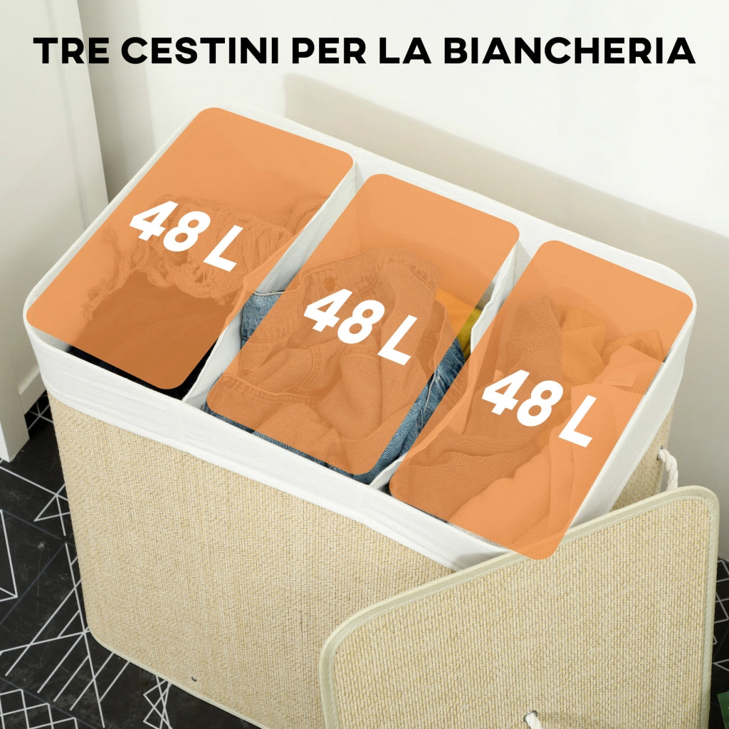 Cesto Portabiancheria 60x40x60 cm con Coperchio 3 Scomparti 144L con Sacca Removibile e Lavabile in Bambù Crema