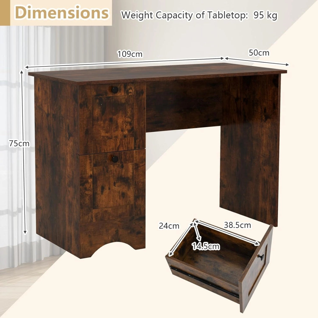 Scrivania per computer in legno con 2 cassetti, 109 x 50 x 75 cm, tavolo da lavoro salvaspazio, scrivania per ufficio, camera da letto (marrone rustico)