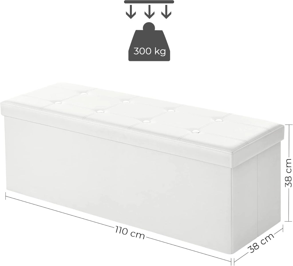 SONGMICS Cassapanca Contenitore 120L, Pouf Contenitore, Panca Poggiapiedi Pieghevole, Capacità di Carico di 300 kg, Seduta Imbottita, Bianco LSF702.