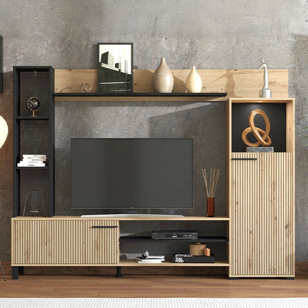 Mobile Soggiorno Rovato, Parete Attrezzata 8 Ripiani, 207.5x33x157.5h cm Marrone Rovere Nodi