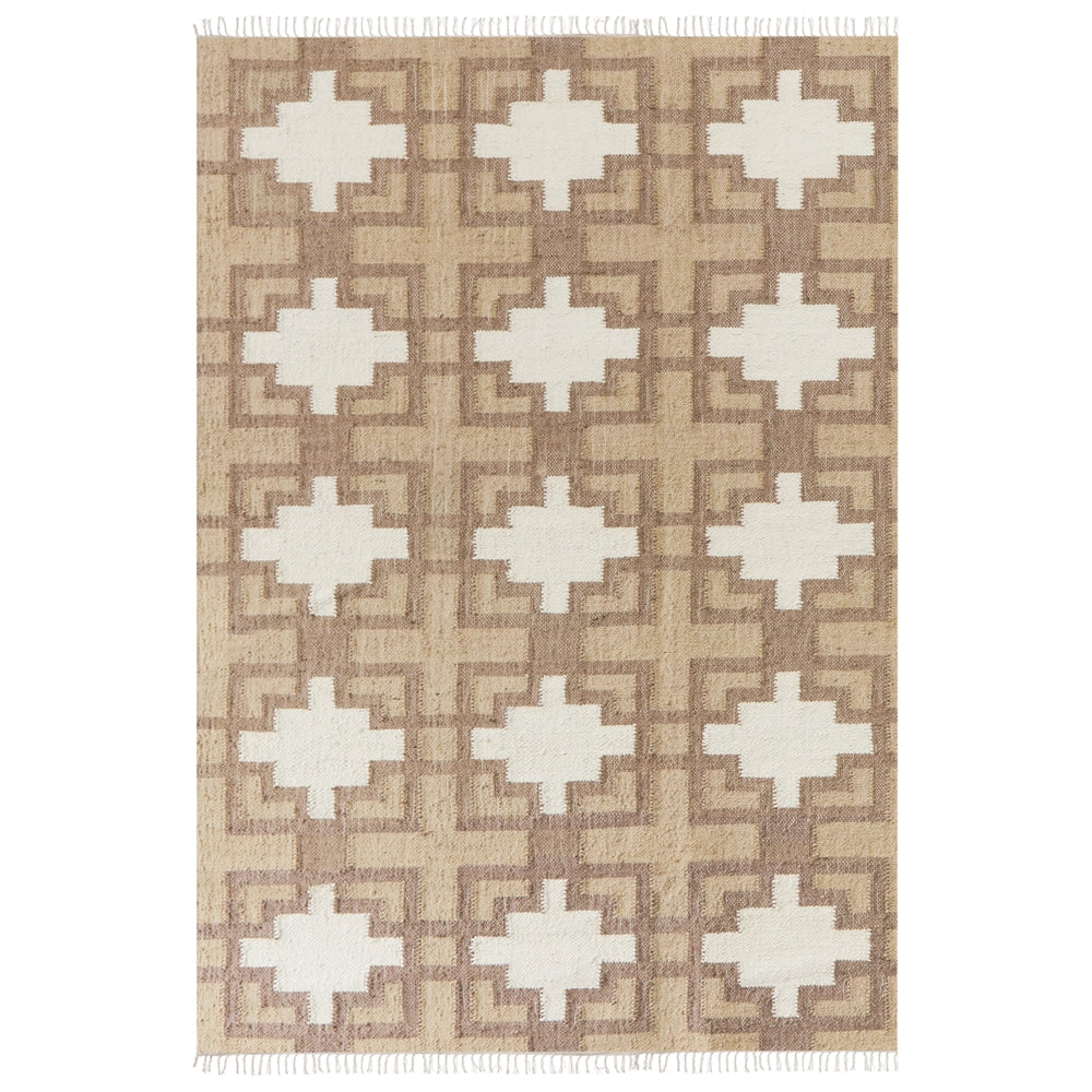 Tappeto in iuta intrecciata di cotone naturale beige con nappe a motivo geometrico 160 x 230 cm stile boho soggiorno camera da letto