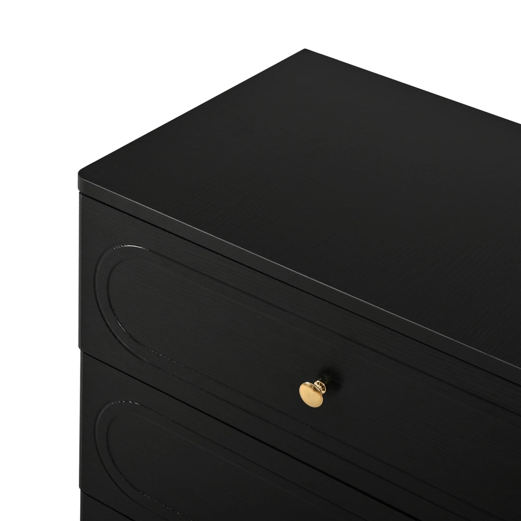 Credenza con 6 cassetti e piedi in metallo per soggiorno e ingresso, design con incisioni ovali, nero, 120 × 40 × 75 cm