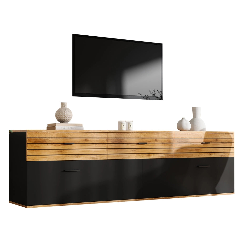 Mobile TV 168x38x59 cm con 3 cassetti e 2 ante a ribalta in MDF e truciolato naturale e nero