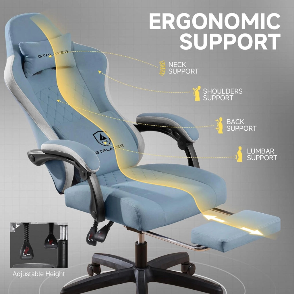 Sedia da gaming, ergonomica, da scrivania, con superficie in tessuto, cuscino a molla, braccioli di collegamento e poggiapiedi, Azzurro