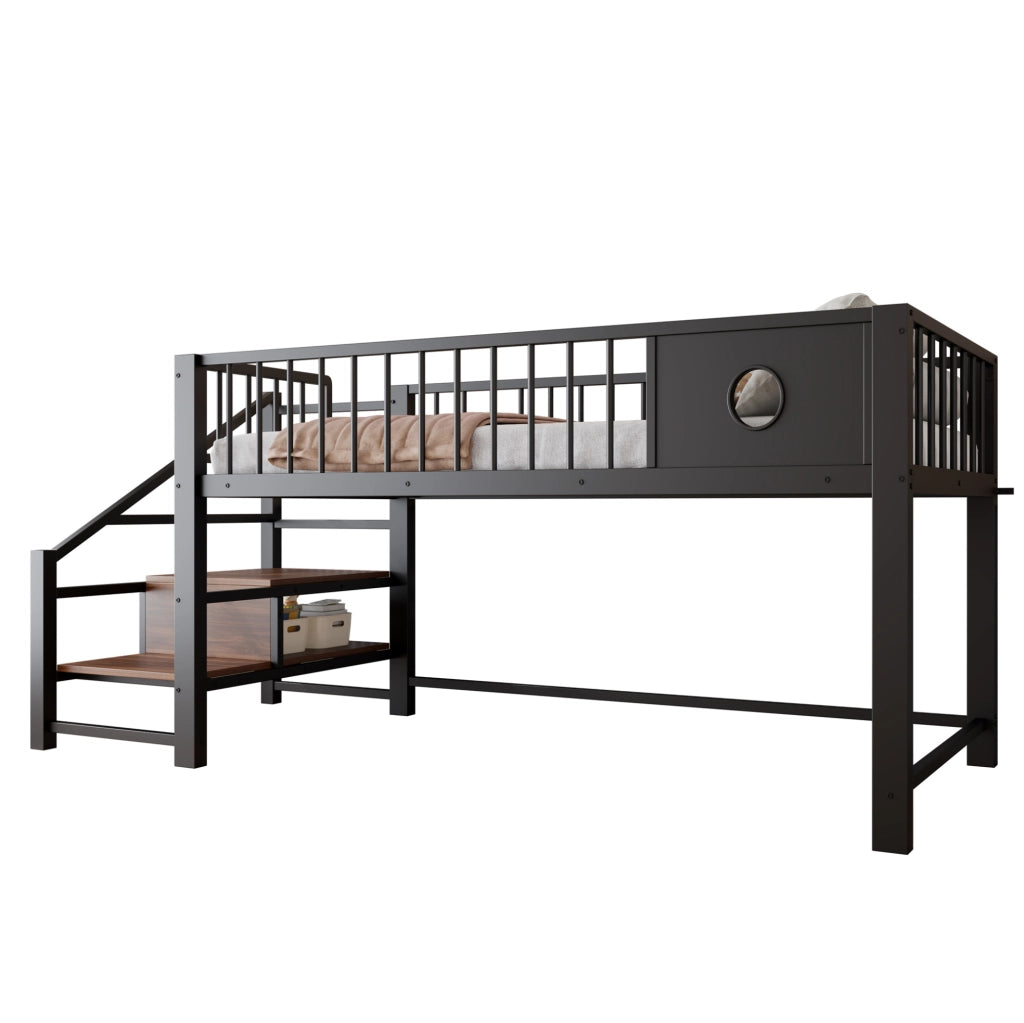 Letto a soppalco basso per bambini 90x200 cm con scala, nero
