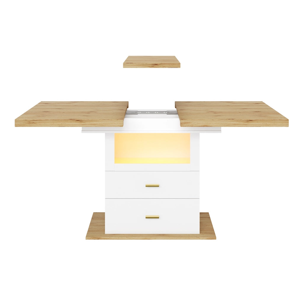 Tavolo da pranzo, illuminazione a LED, allungabile da 110 - 140 cm, con vano portaoggetti, MDF effetto legno, bianco e color legno naturale