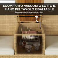 Panca da Giardino con Tavolino a Ribalta Portaoggetti 134x58x82 cm in Rattan e Acciaio Crema e Cachi