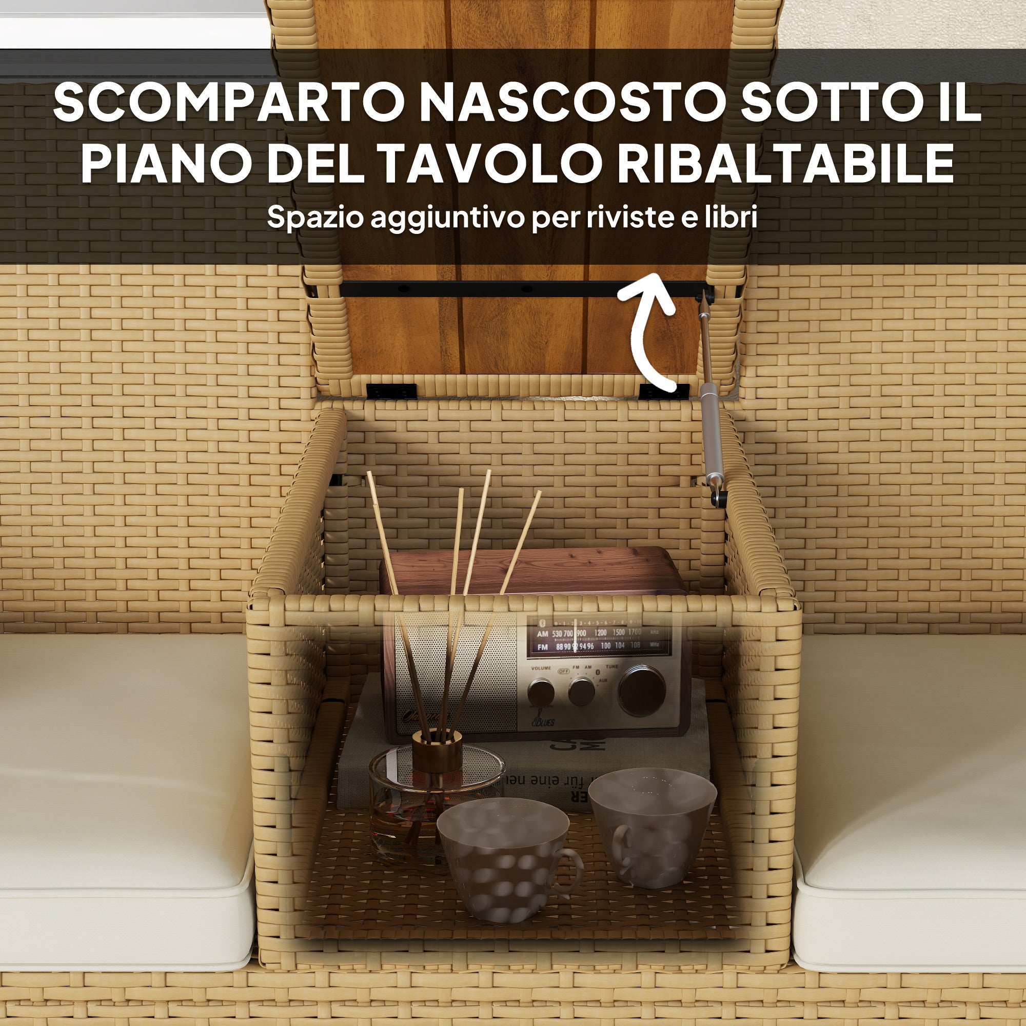 Panca da Giardino con Tavolino a Ribalta Portaoggetti 134x58x82 cm in Rattan e Acciaio Crema e Cachi