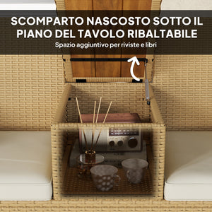 Panca da Giardino con Tavolino a Ribalta Portaoggetti 134x58x82 cm in Rattan e Acciaio Crema e Cachi