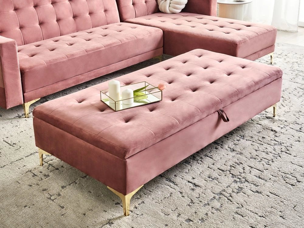 Poggiapiedi rettangolare con contenitore in velluto rosa gambe dorate