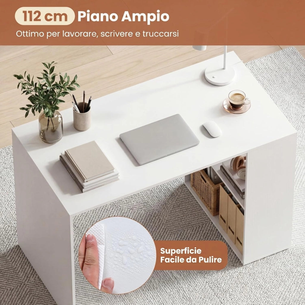 Scrivania Ufficio con Libreria Laterale a 2 Ripiani e Ampio Piano, 112 x 60 cm Scrivania Gaming in Legno, Scrittoio per Computer Salvaspazio per Studio, Soggiorno e Ufficio (Bianco)