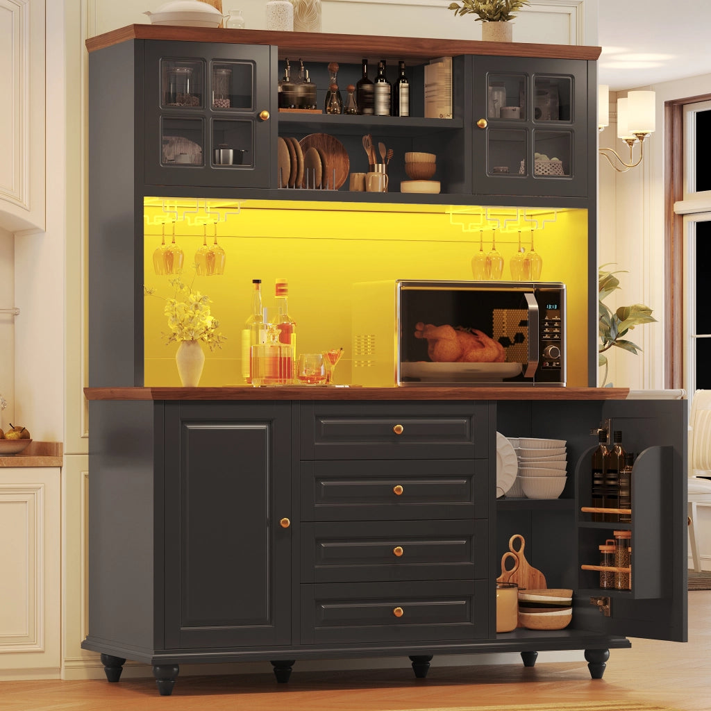 Credenza alta con LED RGB, 4 cassetti e ripiani regolabili per cucina e soggiorno, in MDF, nero, 140 × 40 × 179.5 cm