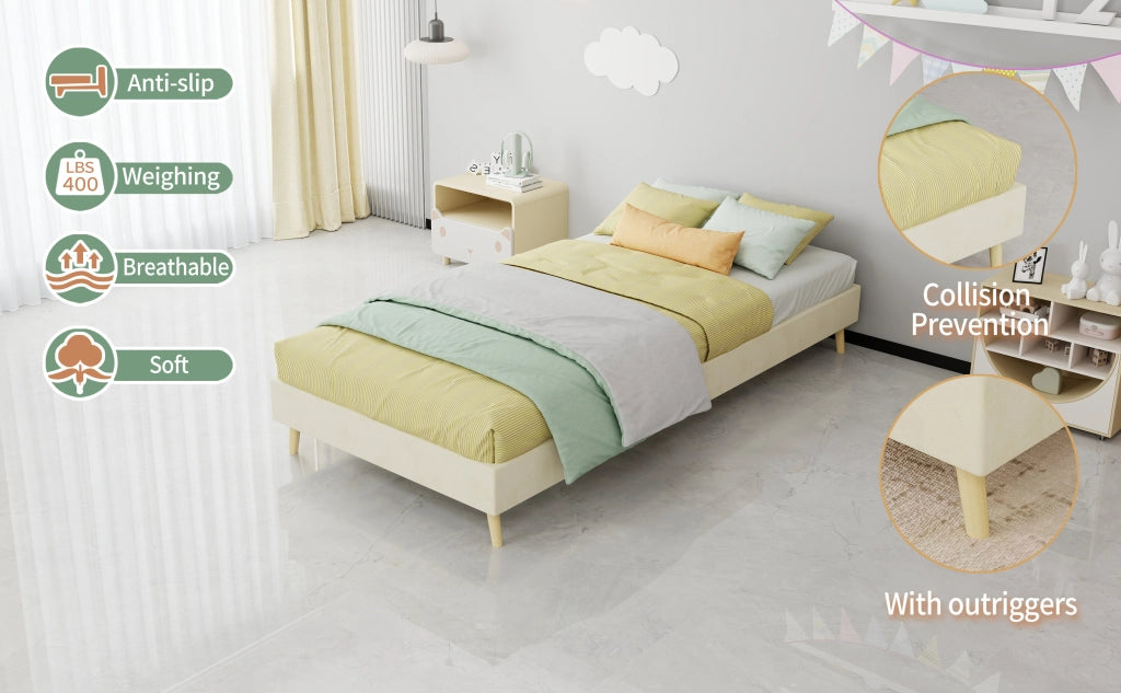 LETTO Moderno 90x200 cm Beige in Tessuto e Metallo