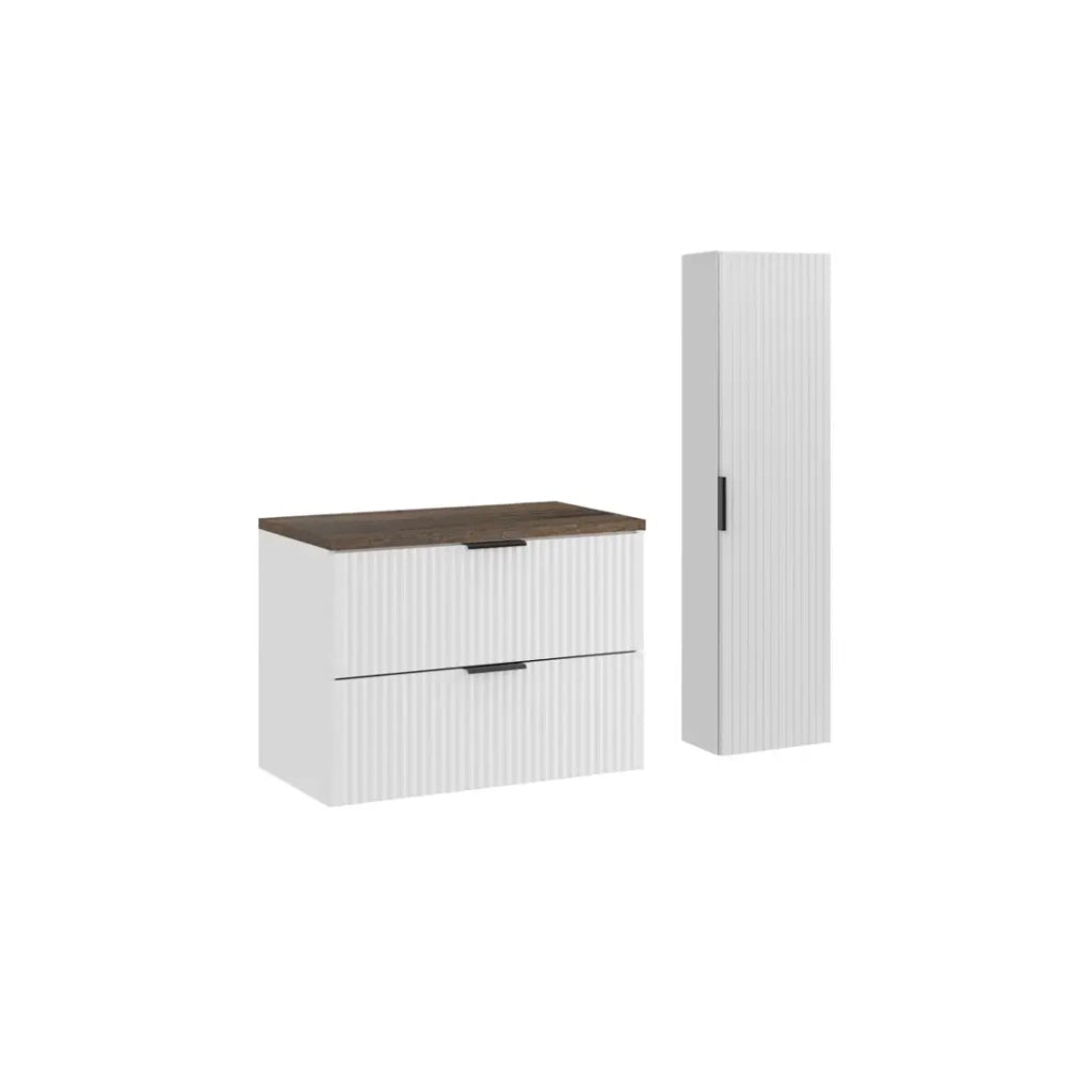 Set per il bagno NOXERA 80 cm – Mobile sospeso bianco con piano per lavabo effetto legno di abete e colonna