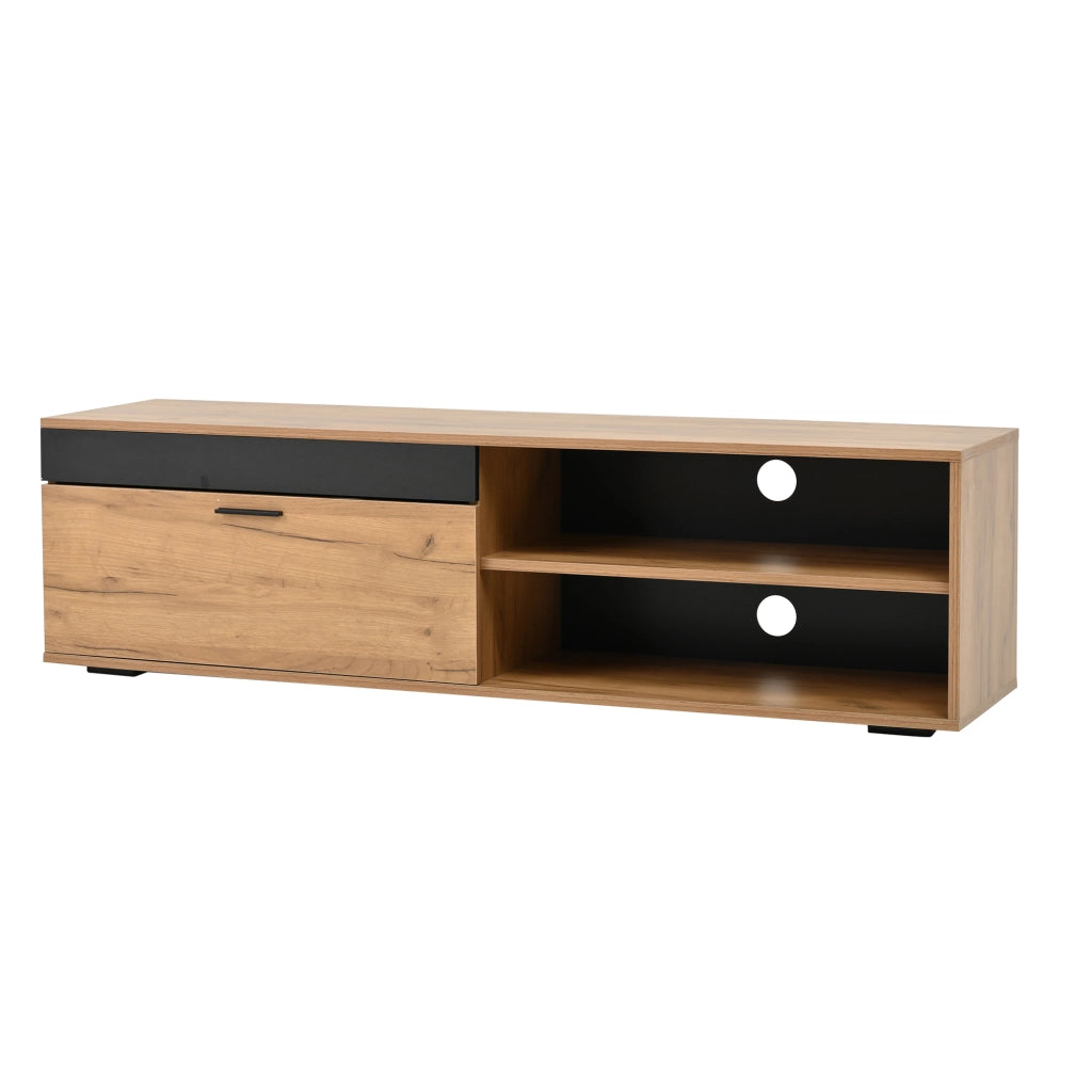 Mobile porta TV con pensile e mensola, 3 pezzi, in truciolato, effetto legno e nero, 140 × 35 × 39 cm