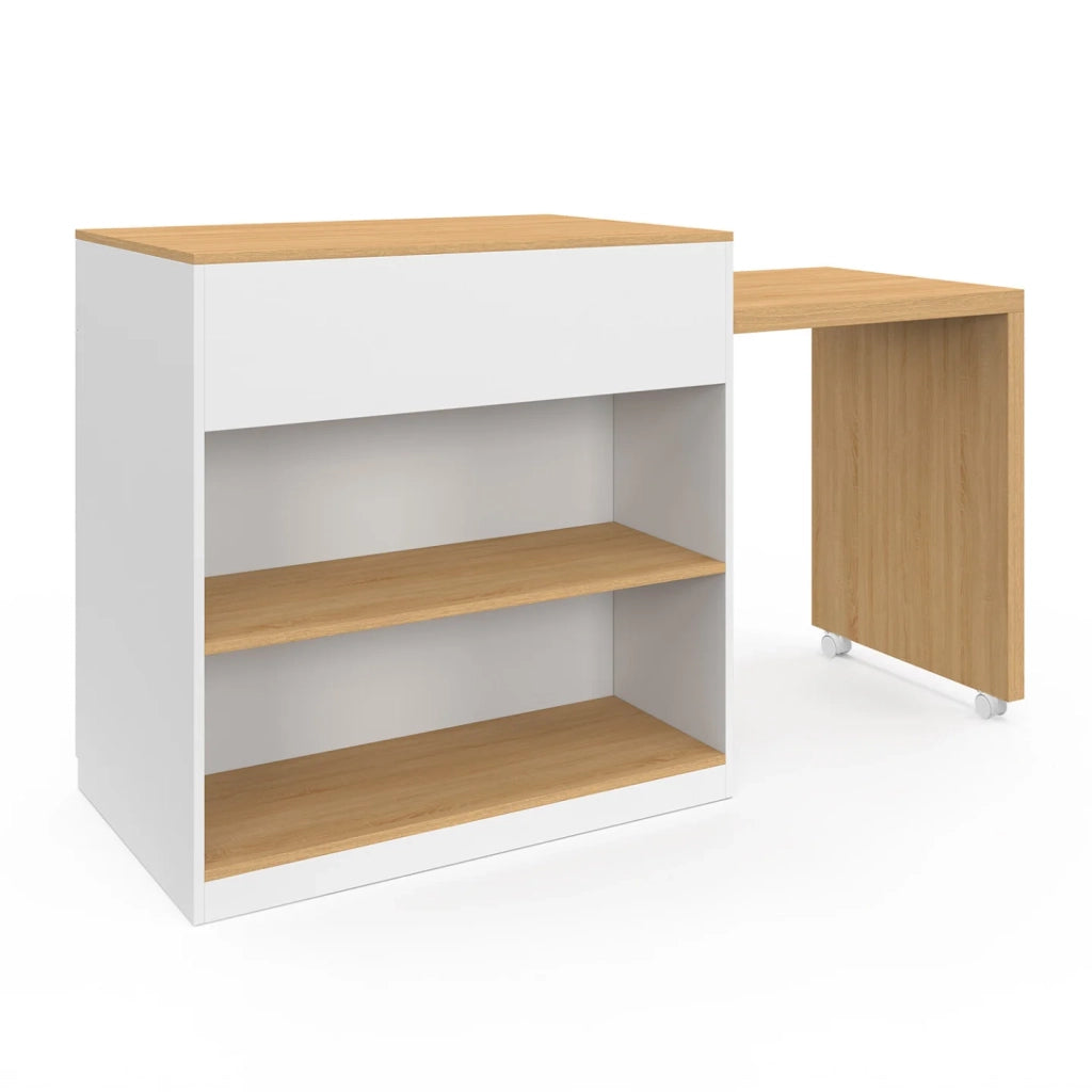 IDMarket - Isola centrale VITO 94-155 cm in legno bianco con tavolo da pranzo integrato allungabile in finitura faggio