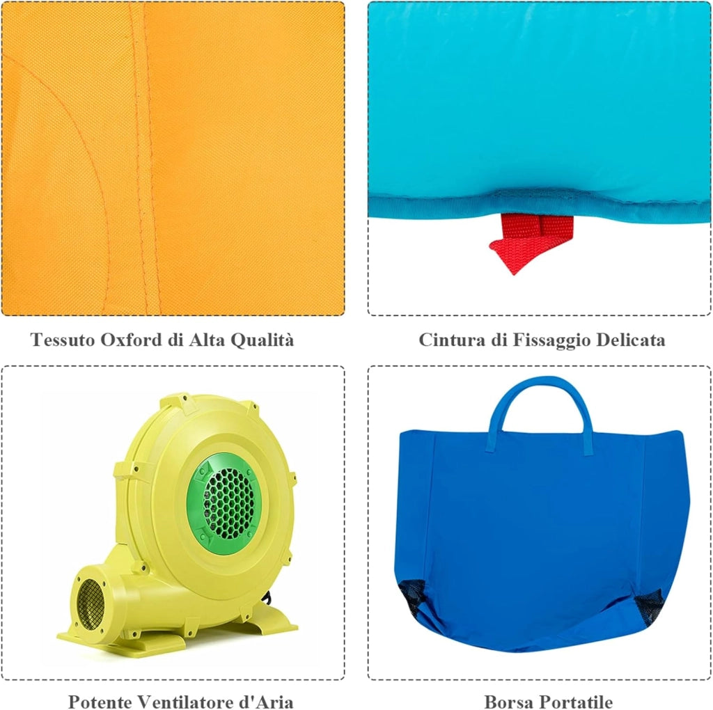 Castello Gonfiabile 5 in 1 con Soffiatore da 480W, Parco Acquatico con 2 Scivoli, Piscina, Parete di Arrampicata, Cannone, Cerchio e Palla da Basket, Borsa di Trasporto e Kit di Riparazione
