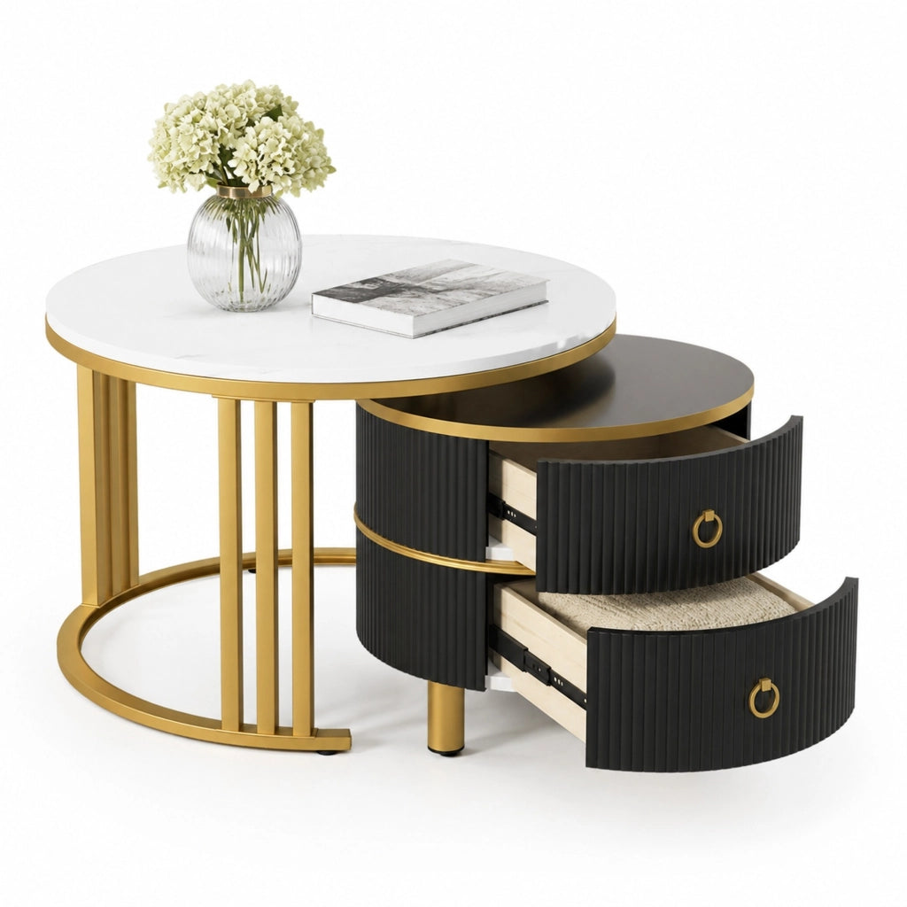 Set 2 tavolini da caffè rotondi 70x70x46 + 50x50x40 cm nero e oro con 2 cassetti, MDF