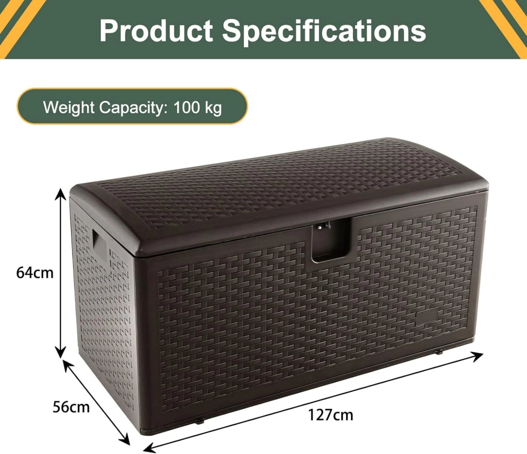 Cassapanca Per Esterni in Metallo e PE Rattan, Contenitore Impermeabile da 378 litri, con chiusura a chiave, 127 x 56 x 64 cm, Marrone