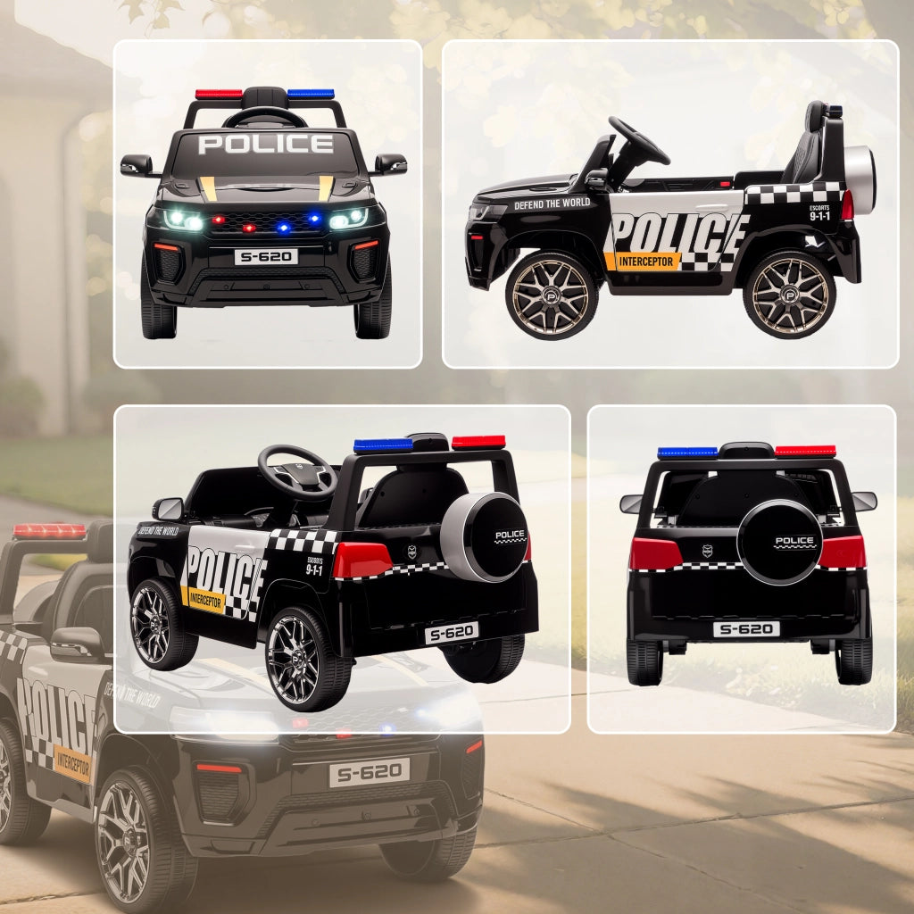 Macchina Elettrica per Bambini Polizia con Telecomando Doppio Motore 12V con Sirena e Fari Nero