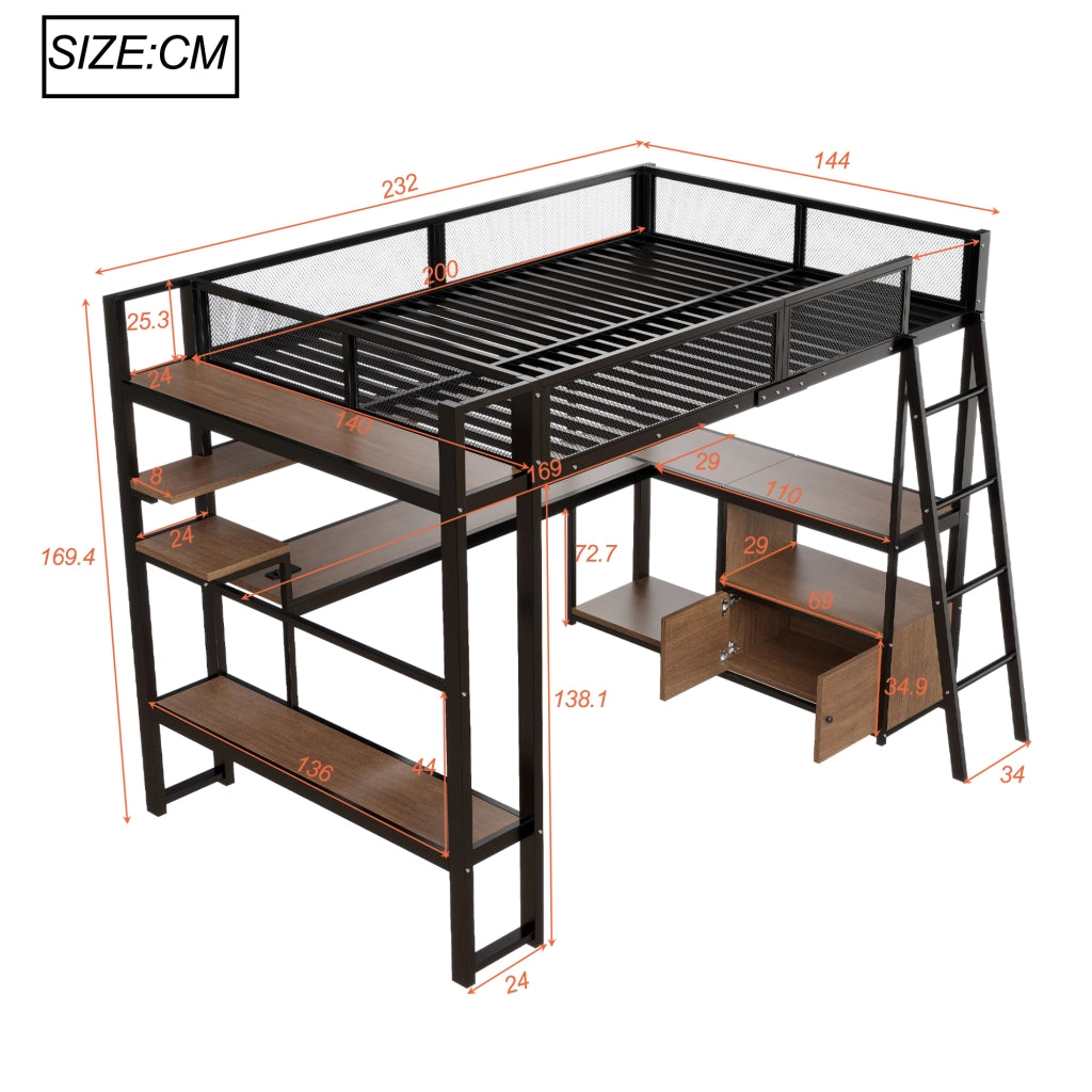 Letto a soppalco 140 × 200 cm con scrivania integrata, LED, ripiani e stazione di ricarica, senza materasso