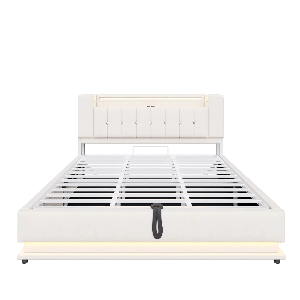 DESMIU Letto contenitore 180 × 200 cm 2 posti con LED, USB e vano idraulico, senza materasso, in velluto, beige
